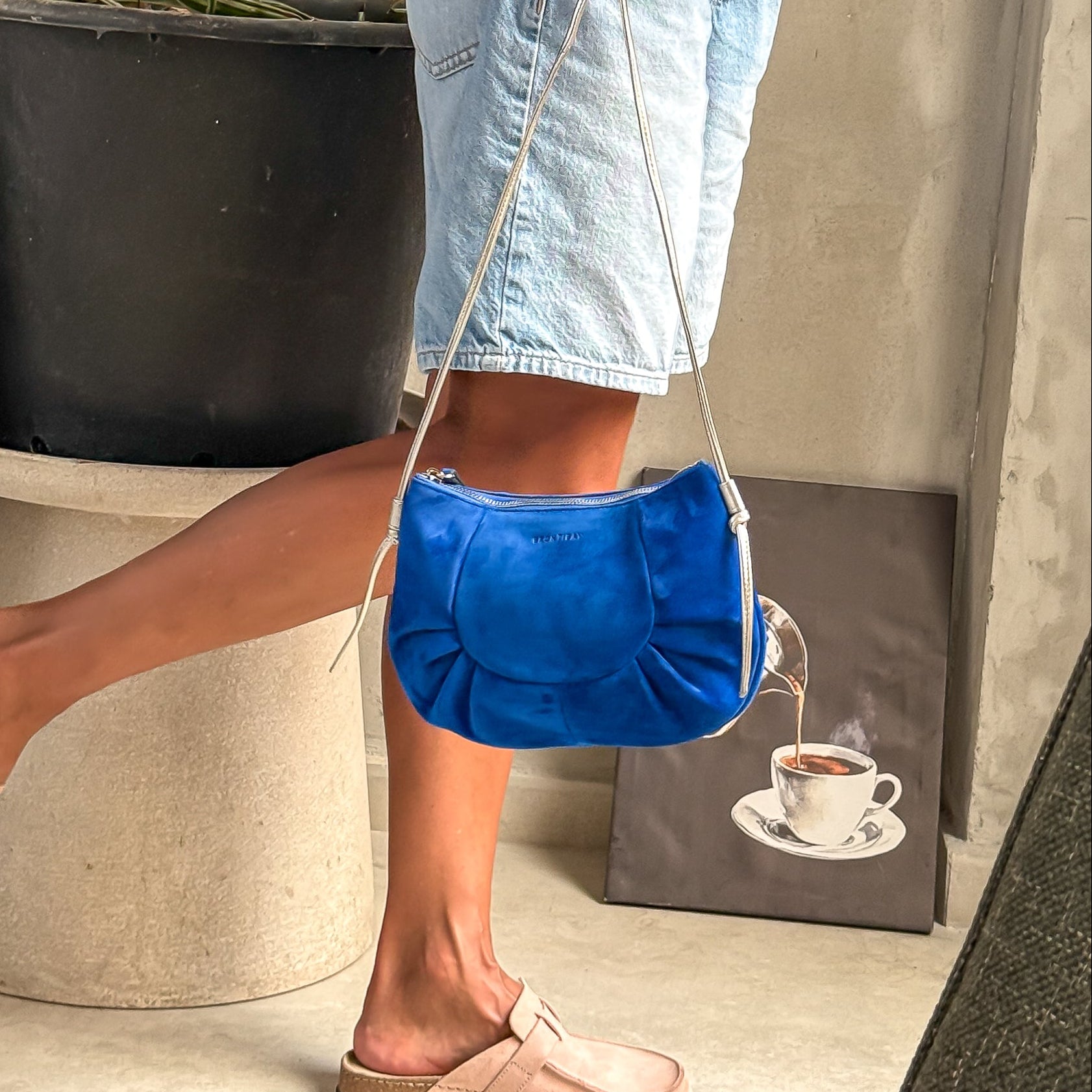 BLUE SUEDE PLEATED INES BAG