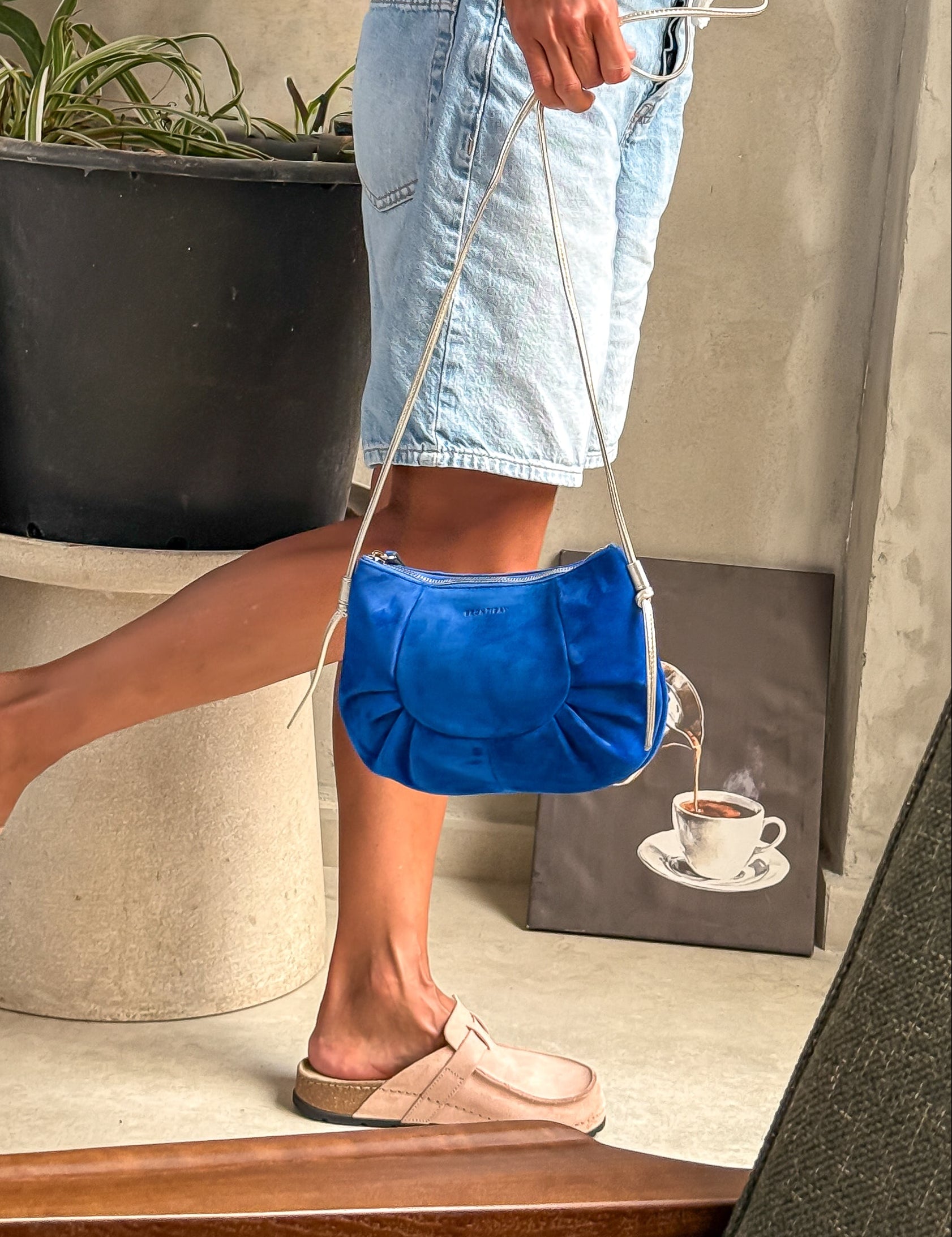 BLUE SUEDE PLEATED INES BAG
