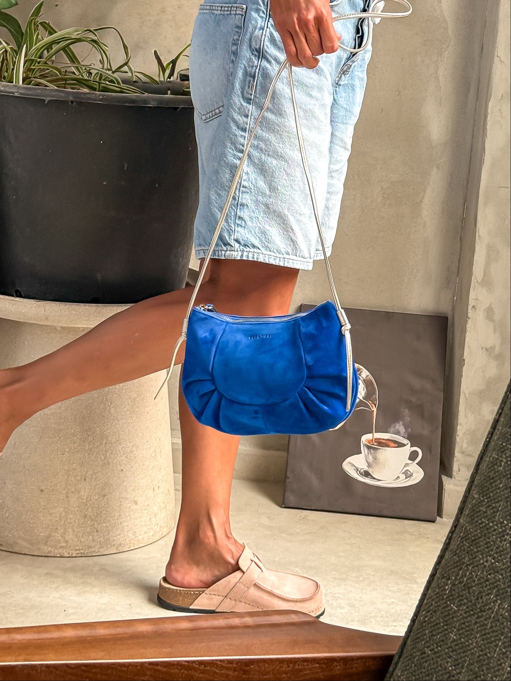 BLUE SUEDE PLEATED INES BAG