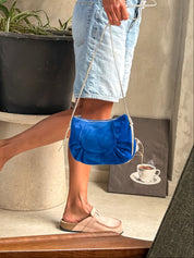 BLUE SUEDE PLEATED INES BAG