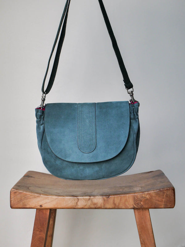 Janis flap bag in petrol suede