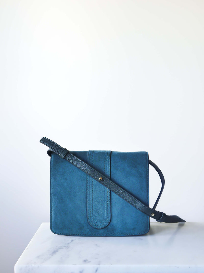 Pixie collection suede flap bag in petrol