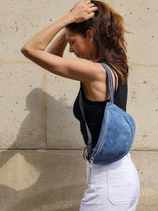 BLUE SUEDE BUM BAG WITH METALLIC LEATHER ZIP PULLER