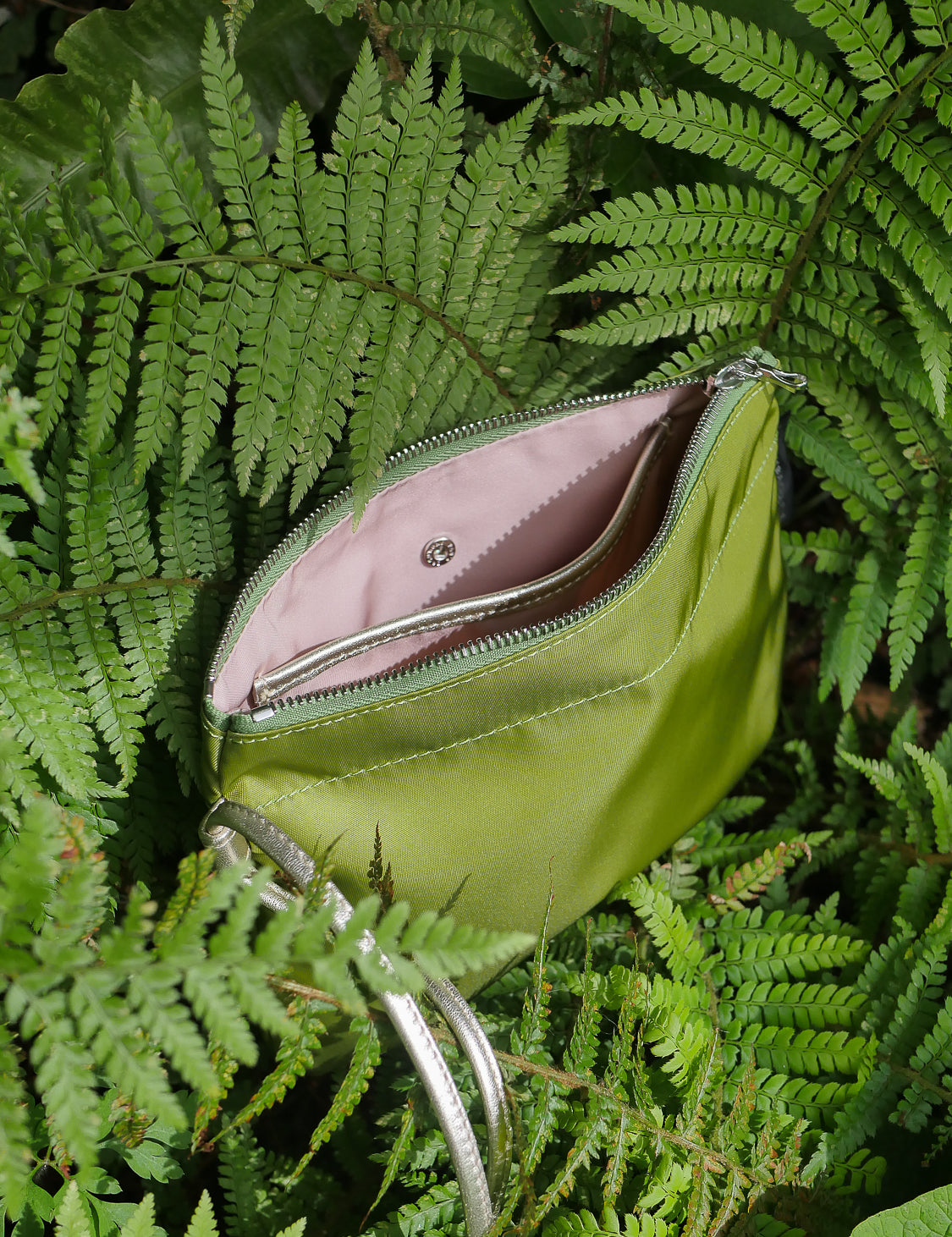 verona satin nylon pouch with gold wrist strap and pink lining