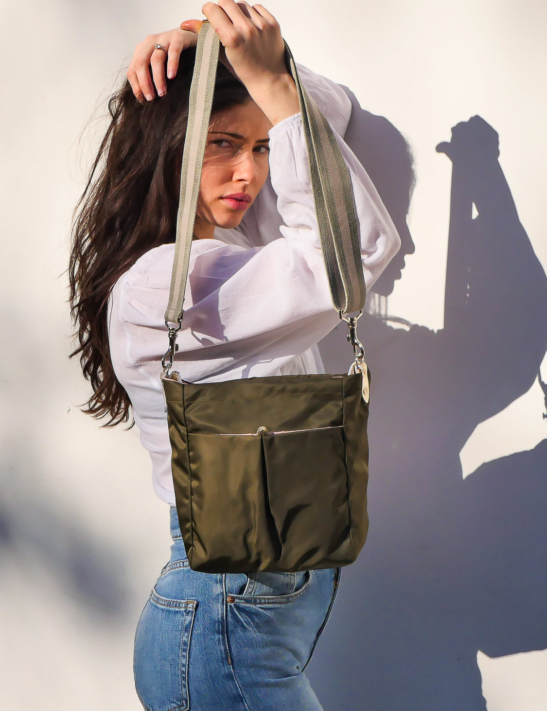 satin nylon crossbody bag khaki