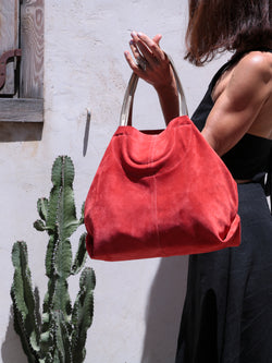 red suede tote bag